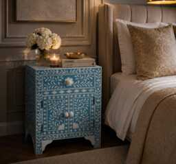 Handmade Bone Inlay Turquoise Floral Pattern Designer Bedside Table/Nightstand