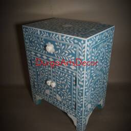 Handmade Bone Inlay Turquoise Floral Pattern Designer Bedside Table/Nightstand - thumbnail 4