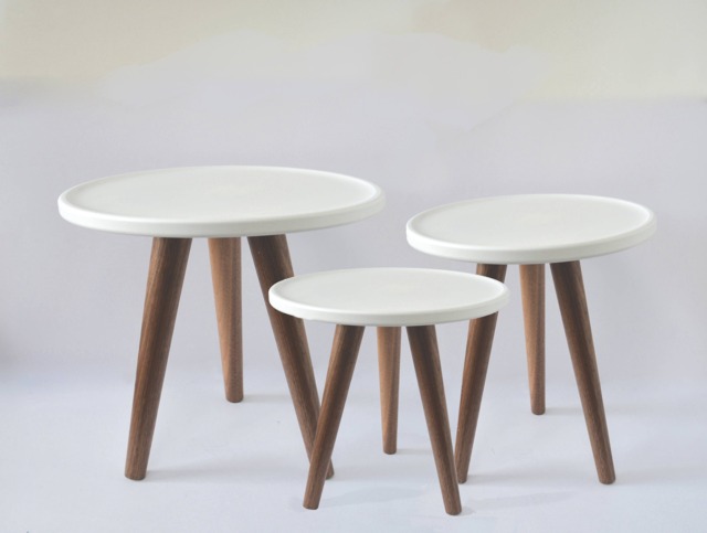 Round Side Table Rimed Top in White With 3 Tapered Solid Walnut Wood Legs - image 1