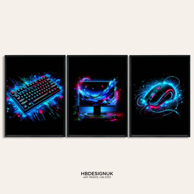 Neon Blue Gamer Print Poster - Set Of 3 Gaming Prints - Game Bedroom Decor Gift For Gamers Room Video Wall Art - image 1