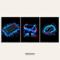 Neon Blue Gamer Print Poster - Set Of 3 Gaming Prints - Game Bedroom Decor Gift For Gamers Room Video Wall Art - thumbnail 1
