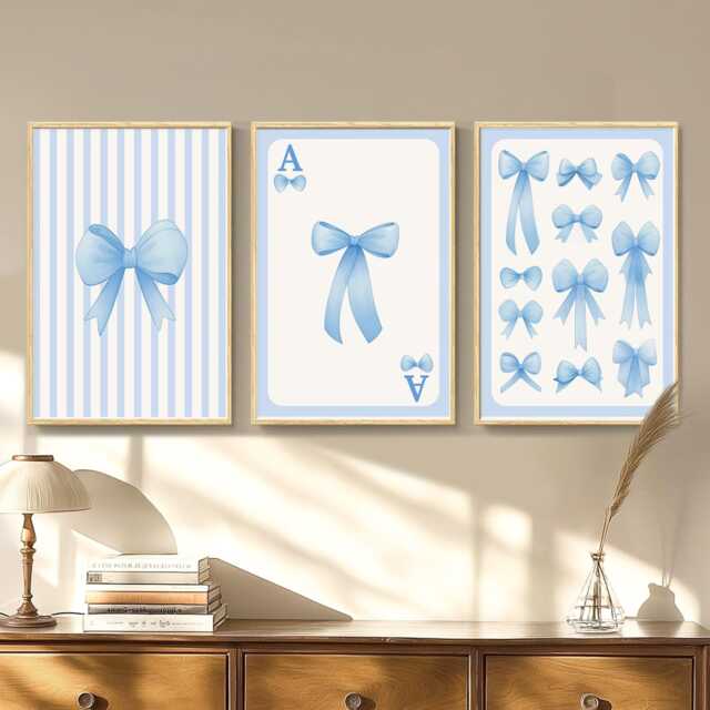 Blue Bows Art Canvas Poster, Trendy Wall Art, Apartment Aesthetic Decor, Retro Home Printed Gift - image 1