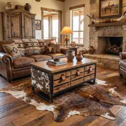 Custom Made Cowhide Storage Coffee Table/Rustic Farmhouse Handmade in England - thumbnail 3