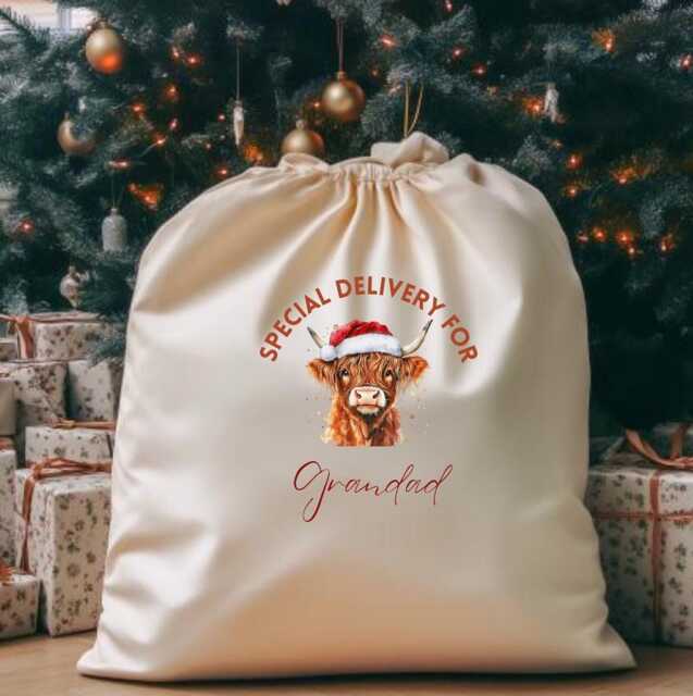 Personalised Highland Cow Present Sack, Christmas Decorations, Gift Bag, Stockings, For Her, Him, Family Gifts - image 1