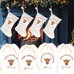 Personalised Highland Cow Present Sack, Christmas Decorations, Gift Bag, Stockings, For Her, Him, Family Gifts - thumbnail 3