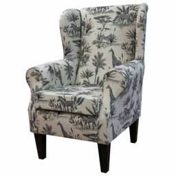 Safari Wildlife Wingback Armchair - Handmade Cotton-Linen Blend - thumbnail 1