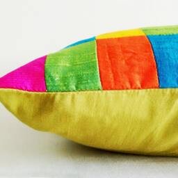 Bright Multi Colour Patchwork Pillow in Pure Dupioni Silk, Decor , Throw Pillow, Silk Cushion Scatter - thumbnail 2