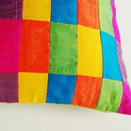 Bright Multi Colour Patchwork Pillow in Pure Dupioni Silk, Decor , Throw Pillow, Silk Cushion Scatter - thumbnail 3