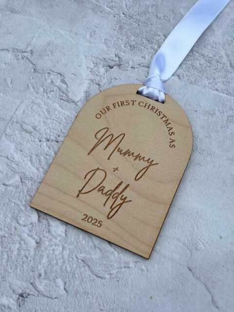 Personalised First Christmas Bauble - New Mummy & Daddy, Birch Ply - image 1