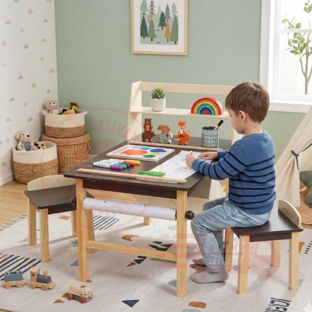 Children's Wooden Art Desk & Chair Set With Paper Roll Storage Coffee - image 1