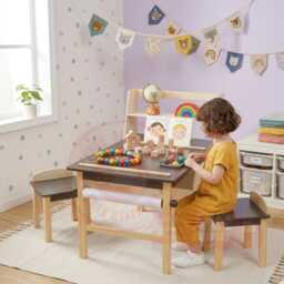 Children's Wooden Art Desk & Chair Set With Paper Roll Storage Coffee - thumbnail 2