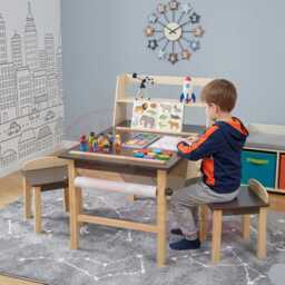 Children's Wooden Art Desk & Chair Set With Paper Roll Storage Coffee - thumbnail 3