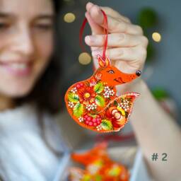 Fox Ornament Hand Painted Christmas Ornament, Handmade Wooden Fox, Ukrainian Petrykivka Ornaments, Woodland Animal Ornaments - thumbnail 4
