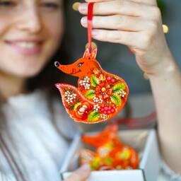 Fox Ornament Hand Painted Christmas Ornament, Handmade Wooden Fox, Ukrainian Petrykivka Ornaments, Woodland Animal Ornaments