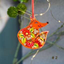 Fox Ornament Hand Painted Christmas Ornament, Handmade Wooden Fox, Ukrainian Petrykivka Ornaments, Woodland Animal Ornaments - thumbnail 3