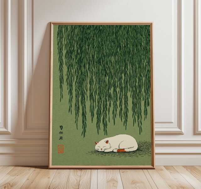 Cat Under Willow Tree Wall Art, Japanese Style Print, Green Nature Poster - image 1