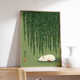 Cat Under Willow Tree Wall Art, Japanese Style Print, Green Nature Poster - thumbnail 2