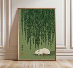 Cat Under Willow Tree Wall Art, Japanese Style Print, Green Nature Poster - thumbnail 1