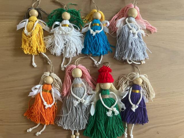 Set Of 3 Hanging Fairies Christmas Tree Decorations Natural Handmade Star Fairy Pom Cotton Yarn - image 1