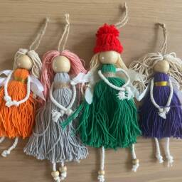 Set Of 3 Hanging Fairies Christmas Tree Decorations Natural Handmade Star Fairy Pom Cotton Yarn - thumbnail 3