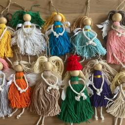 Set Of 3 Hanging Fairies Christmas Tree Decorations Natural Handmade Star Fairy Pom Cotton Yarn - thumbnail 4