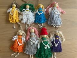 Set Of 3 Hanging Fairies Christmas Tree Decorations Natural Handmade Star Fairy Pom Cotton Yarn