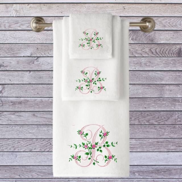 Monogrammed Embroidered Towels, Personalized Floral Initial, Luxury Cotton - image 1