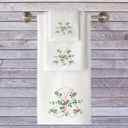 Monogrammed Embroidered Towels, Personalized Floral Initial, Luxury Cotton - thumbnail 1