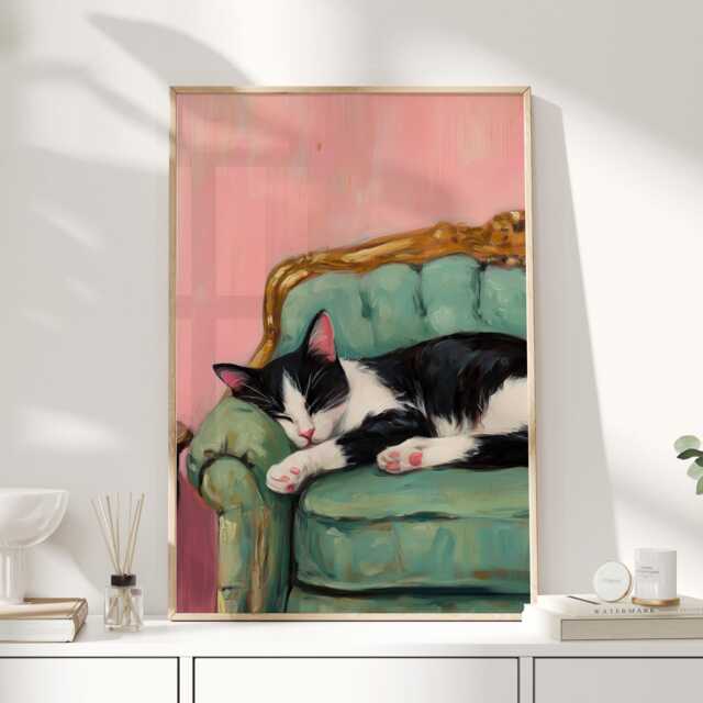 Sleeping Cat Art Print - Black & White On Green Sofa Vintage French Style Wall Cosy Feline Painting Poster - image 1