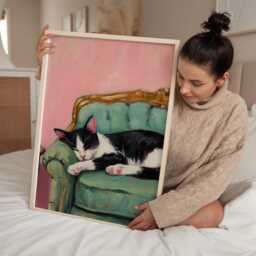 Sleeping Cat Art Print - Black & White On Green Sofa Vintage French Style Wall Cosy Feline Painting Poster - thumbnail 3
