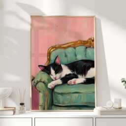 Sleeping Cat Art Print - Black & White On Green Sofa Vintage French Style Wall Cosy Feline Painting Poster - thumbnail 1