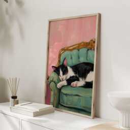 Sleeping Cat Art Print - Black & White On Green Sofa Vintage French Style Wall Cosy Feline Painting Poster - thumbnail 2