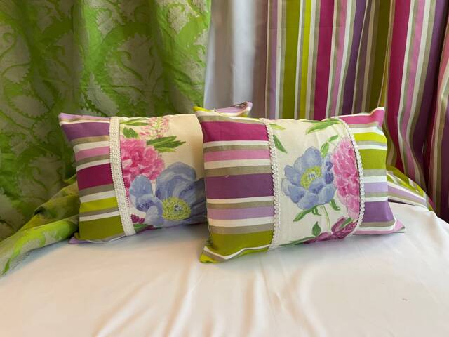 Designers Guild Floral Pillow Cover Lilac, Purple, Green Linen Cotton Quilted Cushion - image 1