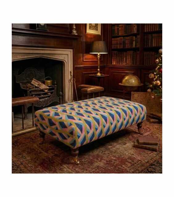 Linwood Omega Prints Neo Fabric Upholstered Footstool Ottoman - Vintage Wooden Castor Legs, 100x52x37cm - image 1