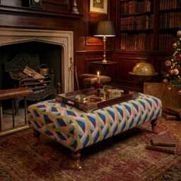 Linwood Omega Prints Neo Fabric Upholstered Footstool Ottoman - Vintage Wooden Castor Legs, 100x52x37cm - thumbnail 3