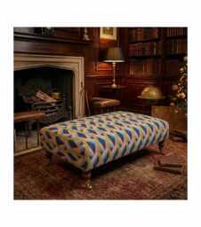 Linwood Omega Prints Neo Fabric Upholstered Footstool Ottoman - Vintage Wooden Castor Legs, 100x52x37cm