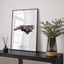 North Carolina Map Black & Gold Wall Art Print Us State - Usa United States Of America - thumbnail 1