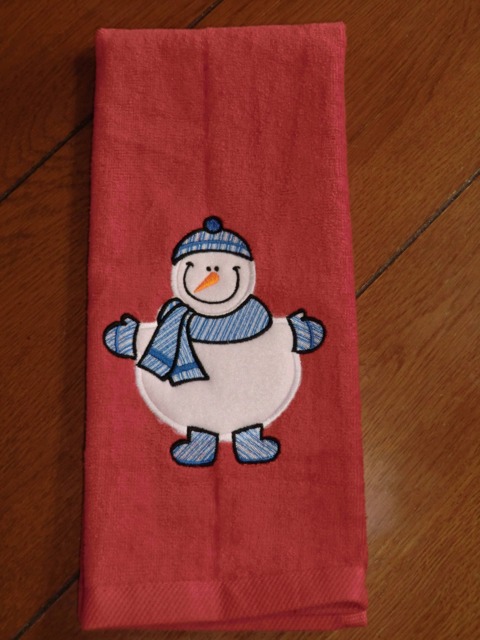 Embroidered Velour Hand Towel - Christmas Applique Snowman W/Beanie Red