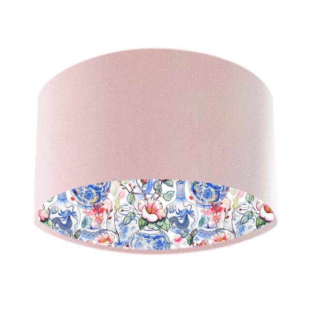 Baby Pink Velvet Lampshade With Oriental Vases Lining - image 1