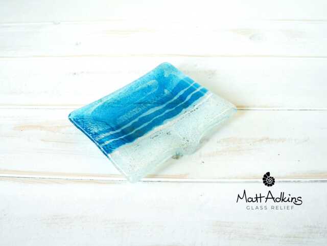 Aqua Blue Beach Rectangular Fused Glass Handmade Soap Dish - 13x10cm With Draining Spout - image 1