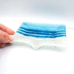 Aqua Blue Beach Rectangular Fused Glass Handmade Soap Dish - 13x10cm With Draining Spout - thumbnail 3