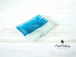 Aqua Blue Beach Rectangular Fused Glass Handmade Soap Dish - 13x10cm With Draining Spout