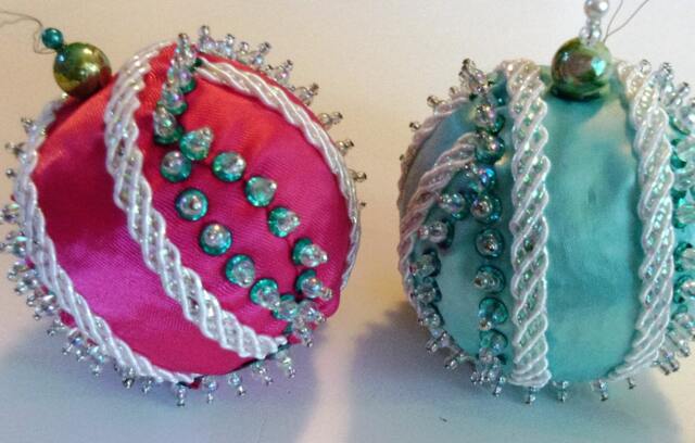 Magenta With Iridescent Ribbon Handmade Hand Beaded Original Shatterproof Christmas Ornament Gift - image 1