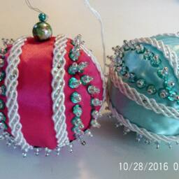 Magenta With Iridescent Ribbon Handmade Hand Beaded Original Shatterproof Christmas Ornament Gift - thumbnail 4
