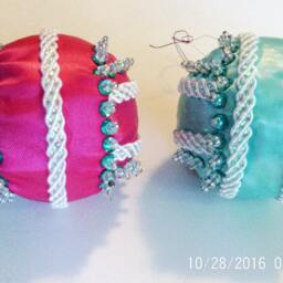 Magenta With Iridescent Ribbon Handmade Hand Beaded Original Shatterproof Christmas Ornament Gift - thumbnail 3