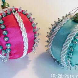Magenta With Iridescent Ribbon Handmade Hand Beaded Original Shatterproof Christmas Ornament Gift - thumbnail 2