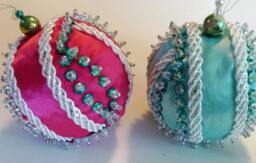 Magenta With Iridescent Ribbon Handmade Hand Beaded Original Shatterproof Christmas Ornament Gift - thumbnail 1