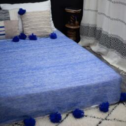 Majorelle Blue Blanket With Tassels, Duvet Cover , Hand Woven Wool , Sofa Couch Throw - thumbnail 2
