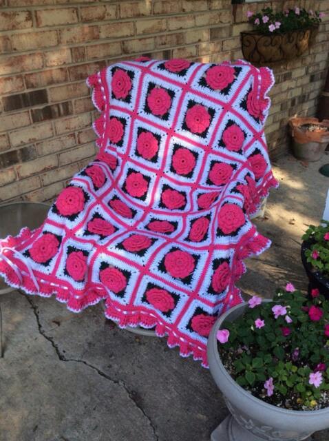 Crochet Rose Afghan Bright Pink Cottage Style Throw With Ruffles - image 1