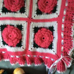 Crochet Rose Afghan Bright Pink Cottage Style Throw With Ruffles - thumbnail 3